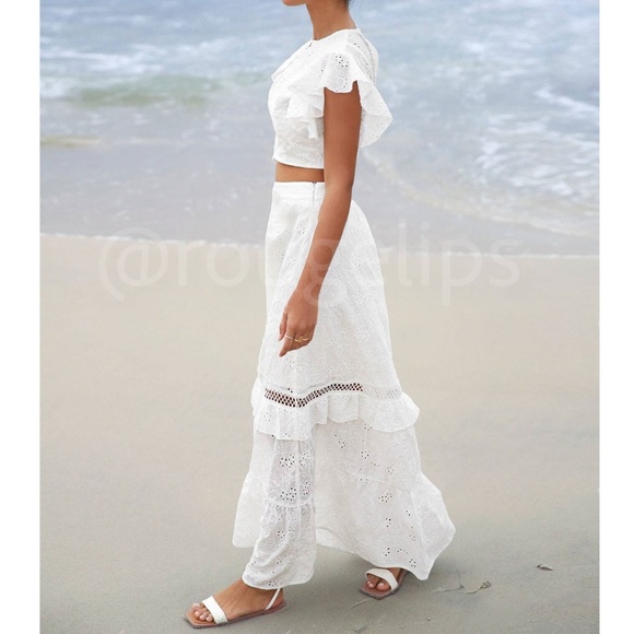 White Eyelet Embroidery 2 Piece Set Crop Top and Long Skirt - Picture 3 of 10